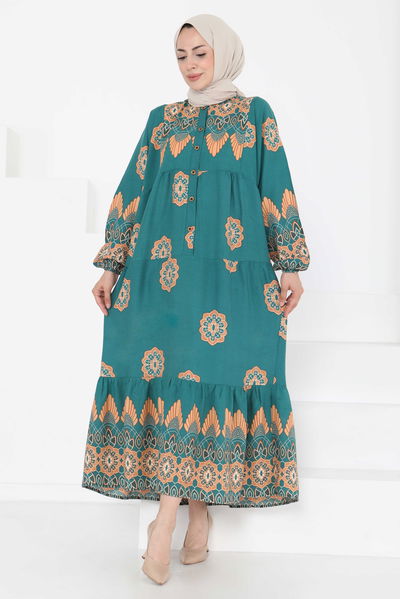 Desenli Düğmeli Elbise - 27262