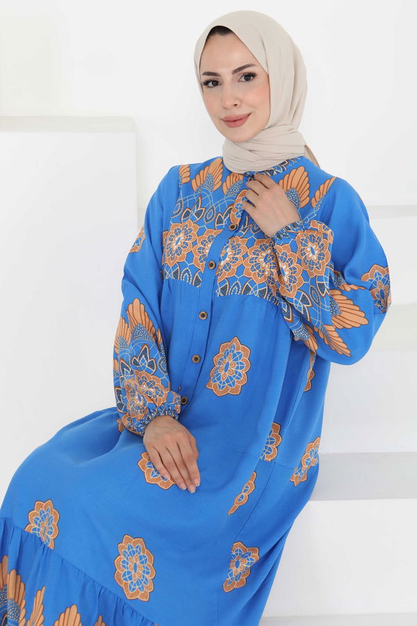 Desenli Düğmeli Elbise - 27262