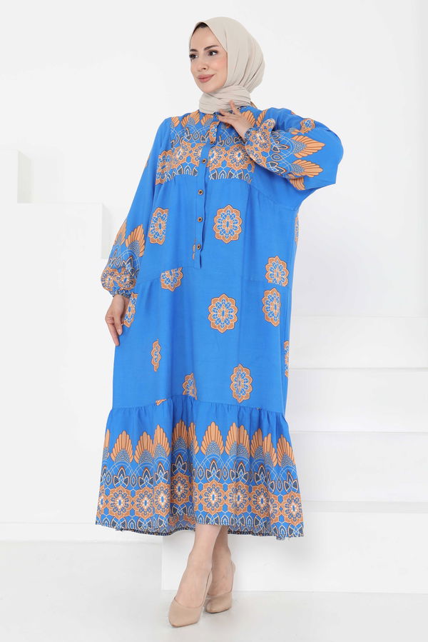 Desenli Düğmeli Elbise - 27262
