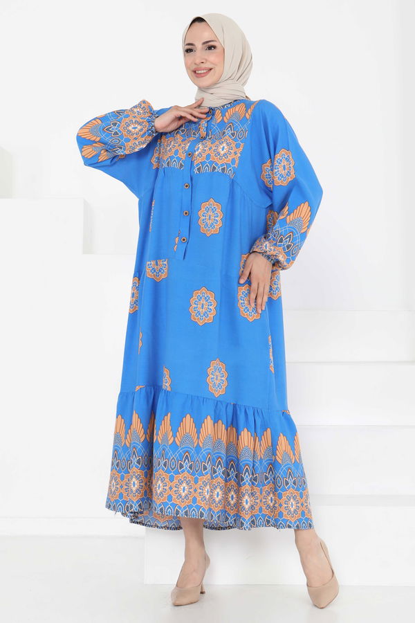 Desenli Düğmeli Elbise - 27262