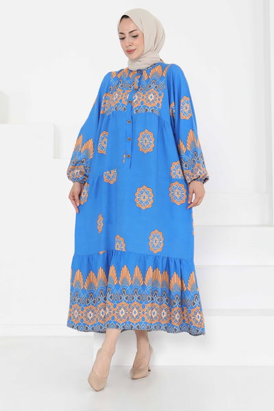 Desenli Düğmeli Elbise - 27262