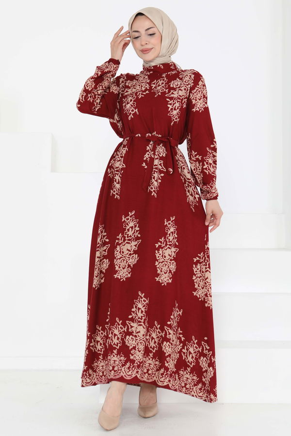 Kuşaklı Desenli Elbise - 27191