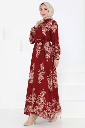 Kuşaklı Desenli Elbise - 27191