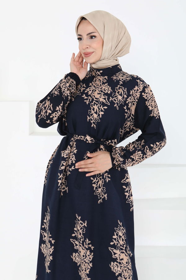 Kuşaklı Desenli Elbise - 27191