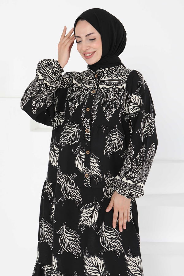 Desenli Düğmeli Elbise - 27263
