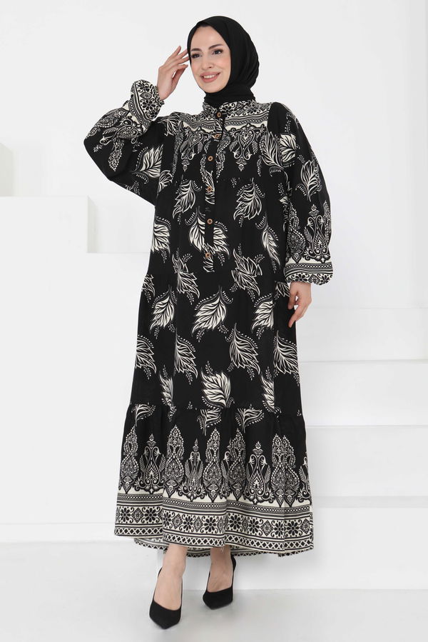 Desenli Düğmeli Elbise - 27263