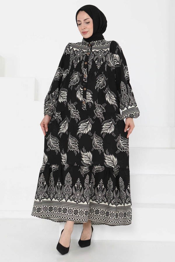 Desenli Düğmeli Elbise - 27263
