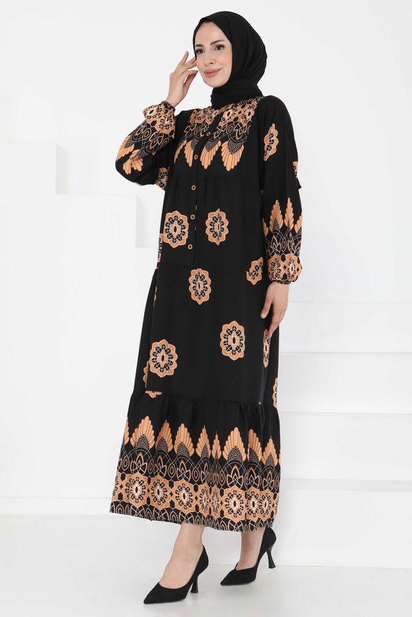 Desenli Düğmeli Elbise - 27262