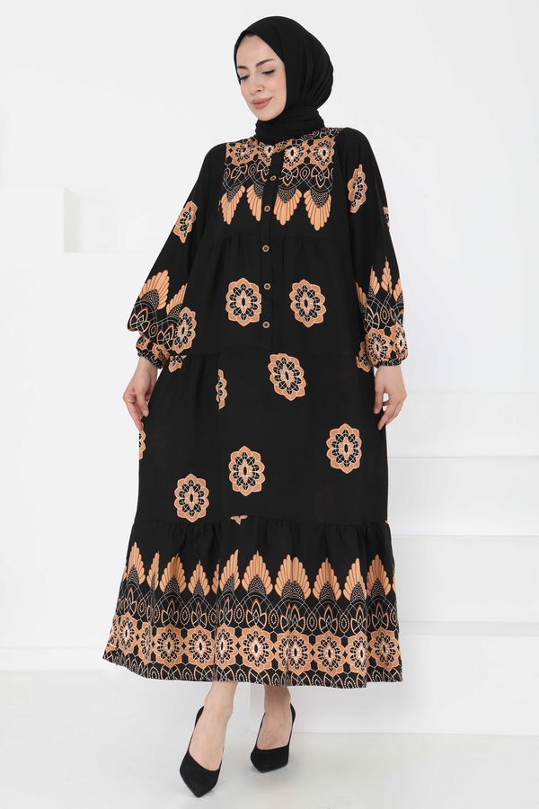 Desenli Düğmeli Elbise - 27262