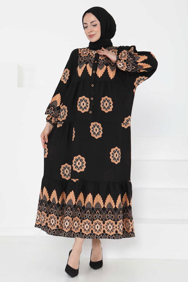 Desenli Düğmeli Elbise - 27262
