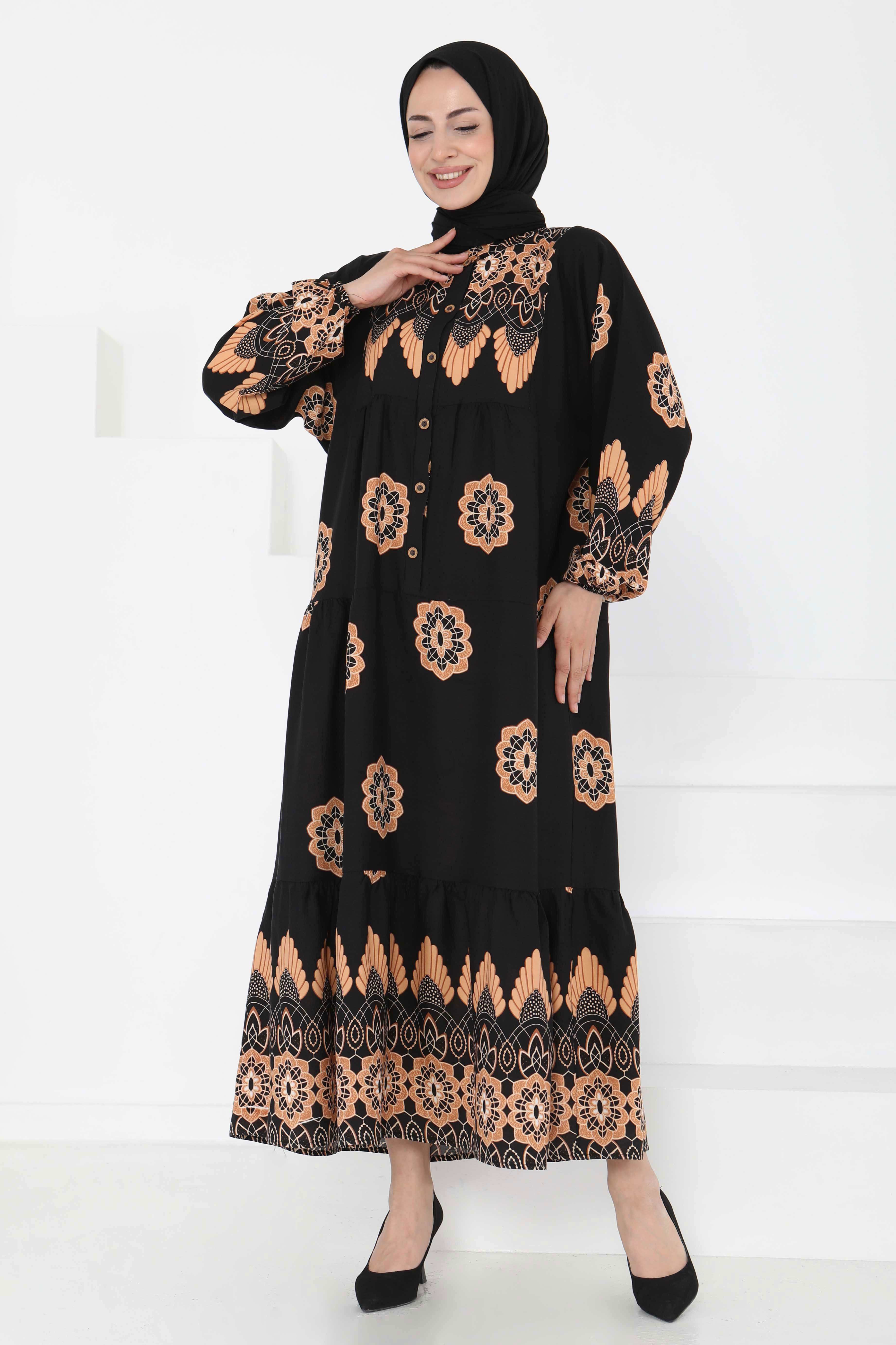 Desenli Düğmeli Elbise - 27262