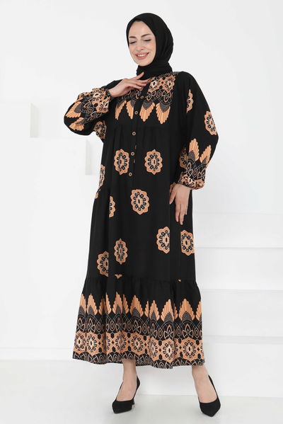 Desenli Düğmeli Elbise - 27262