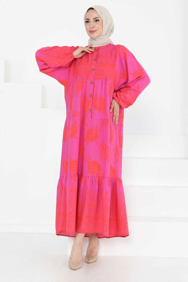 Desenli Düğmeli Elbise - 27263