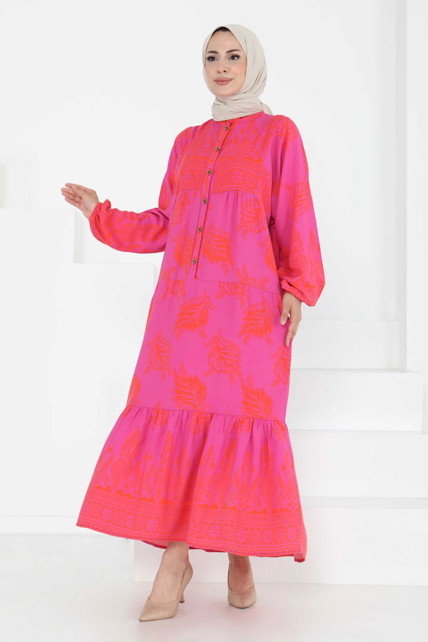 Desenli Düğmeli Elbise - 27263