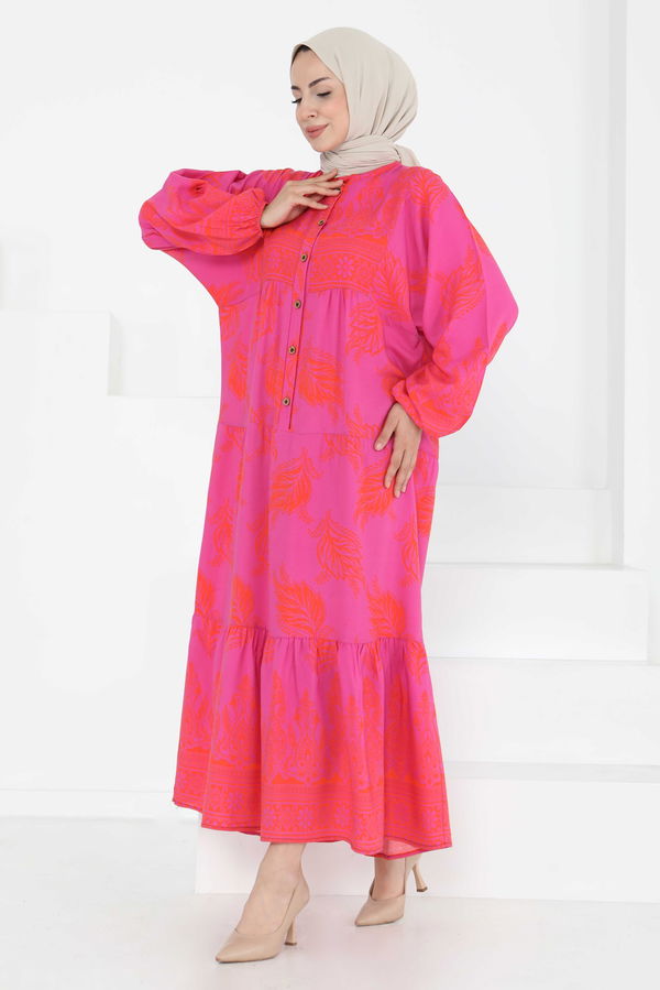 Desenli Düğmeli Elbise - 27263