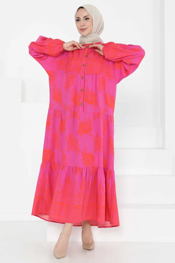 Desenli Düğmeli Elbise - 27263