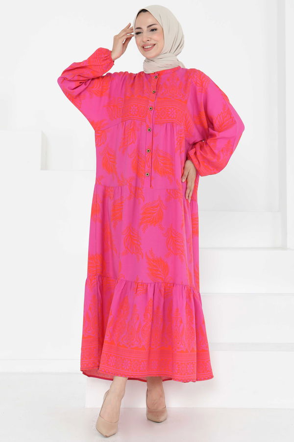 Desenli Düğmeli Elbise - 27263