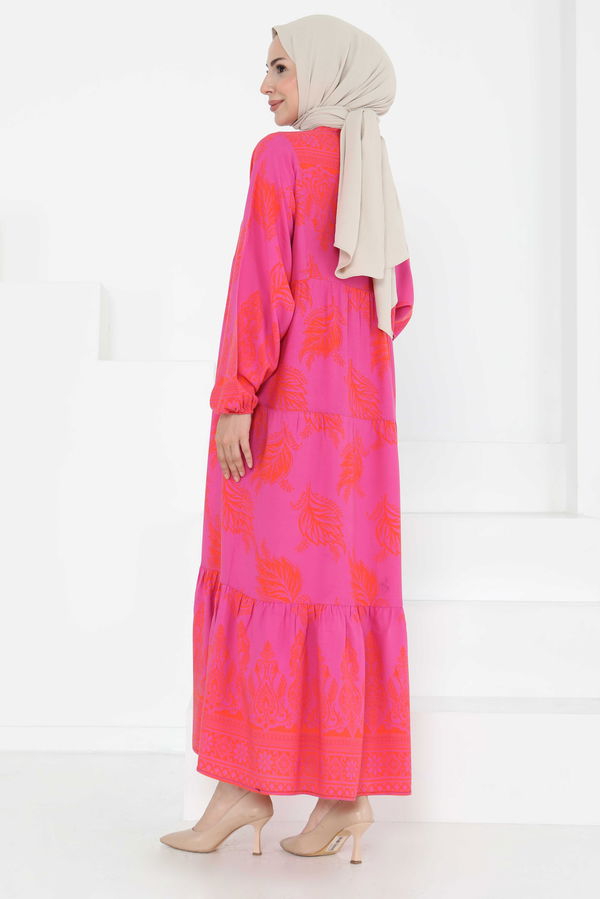 Desenli Düğmeli Elbise - 27263