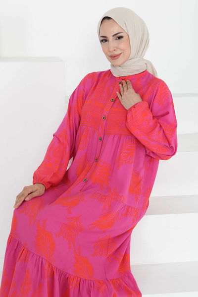 Desenli Düğmeli Elbise - 27263