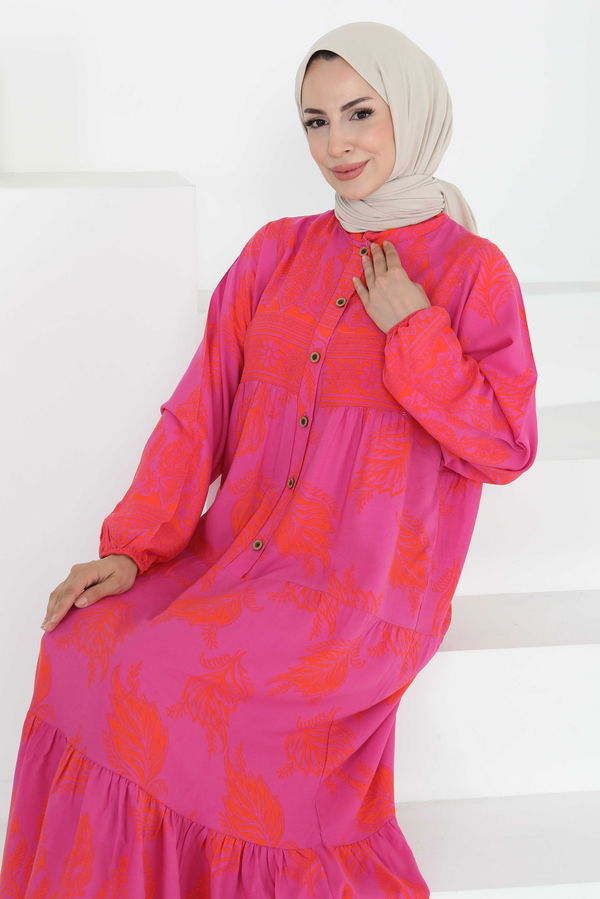 Desenli Düğmeli Elbise - 27263