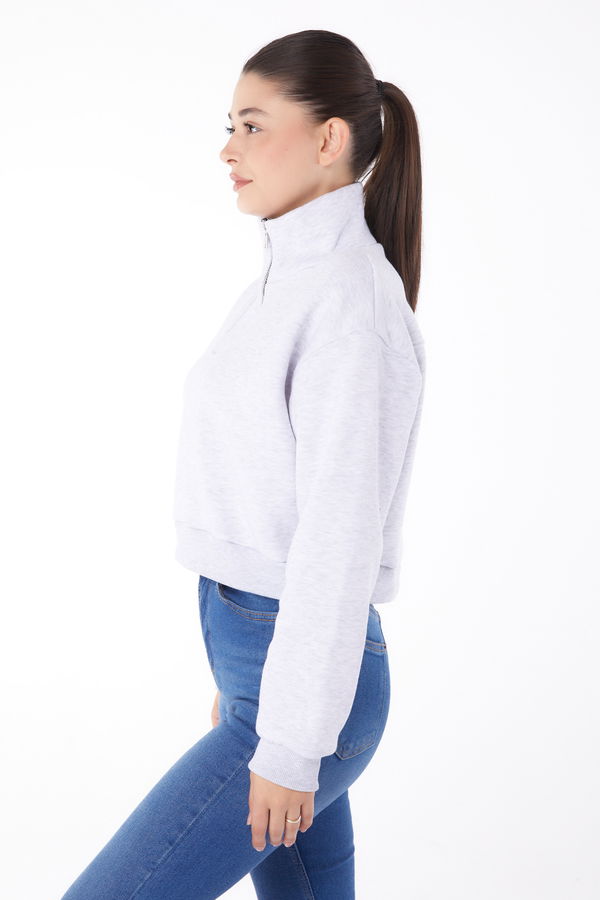 Düz Yarım Balıkçı Yaka Kadın Gri Fermuarlı Mini Sweatshirt - 26051 GRİ