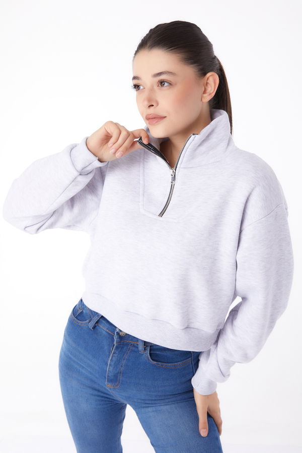 Düz Yarım Balıkçı Yaka Kadın Gri Fermuarlı Mini Sweatshirt - 26051 GRİ