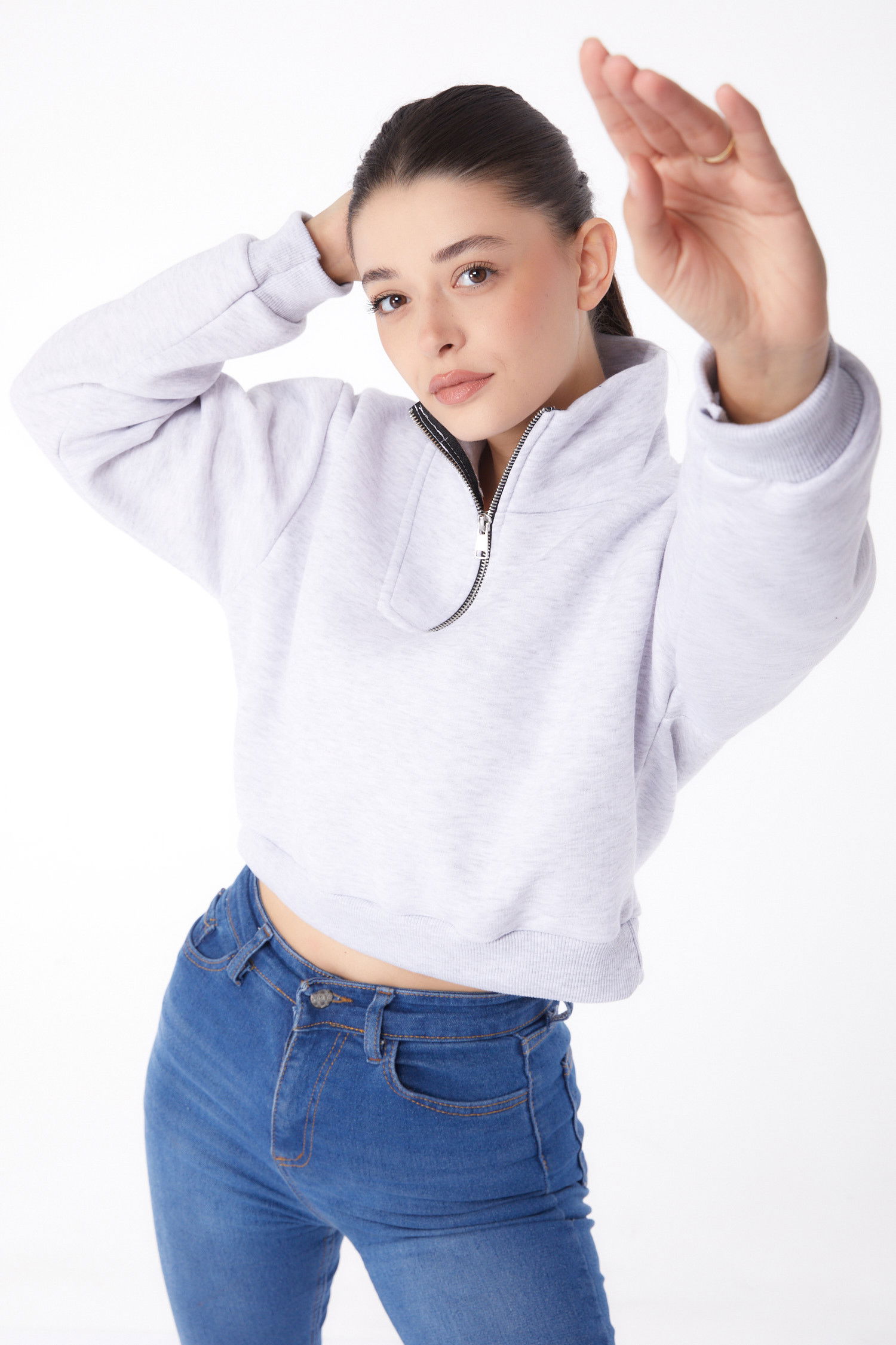 Düz Yarım Balıkçı Yaka Kadın Gri Fermuarlı Mini Sweatshirt - 26051 GRİ