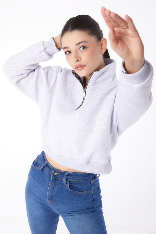 Düz Yarım Balıkçı Yaka Kadın Gri Fermuarlı Mini Sweatshirt - 26051 GRİ