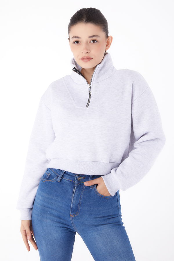 Düz Yarım Balıkçı Yaka Kadın Gri Fermuarlı Mini Sweatshirt - 26051 GRİ