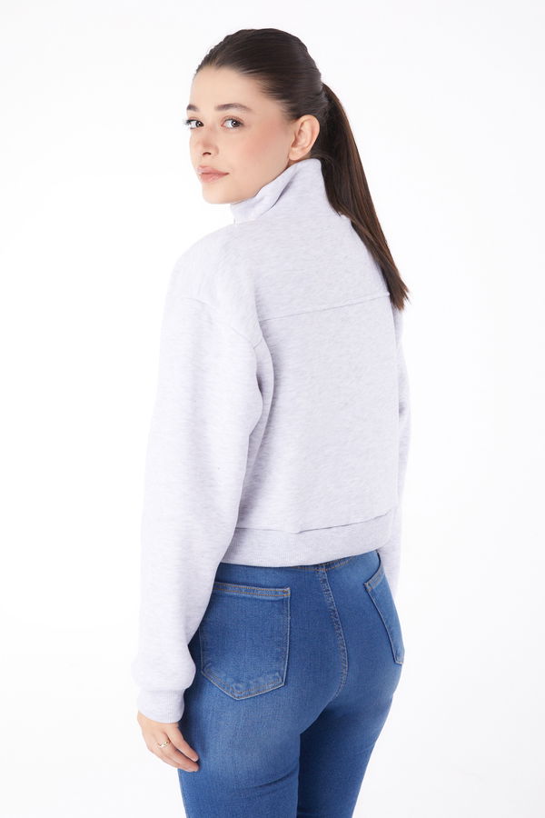 Düz Yarım Balıkçı Yaka Kadın Gri Fermuarlı Mini Sweatshirt - 26051 GRİ