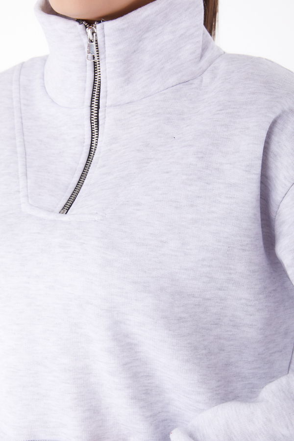Düz Yarım Balıkçı Yaka Kadın Gri Fermuarlı Mini Sweatshirt - 26051 GRİ