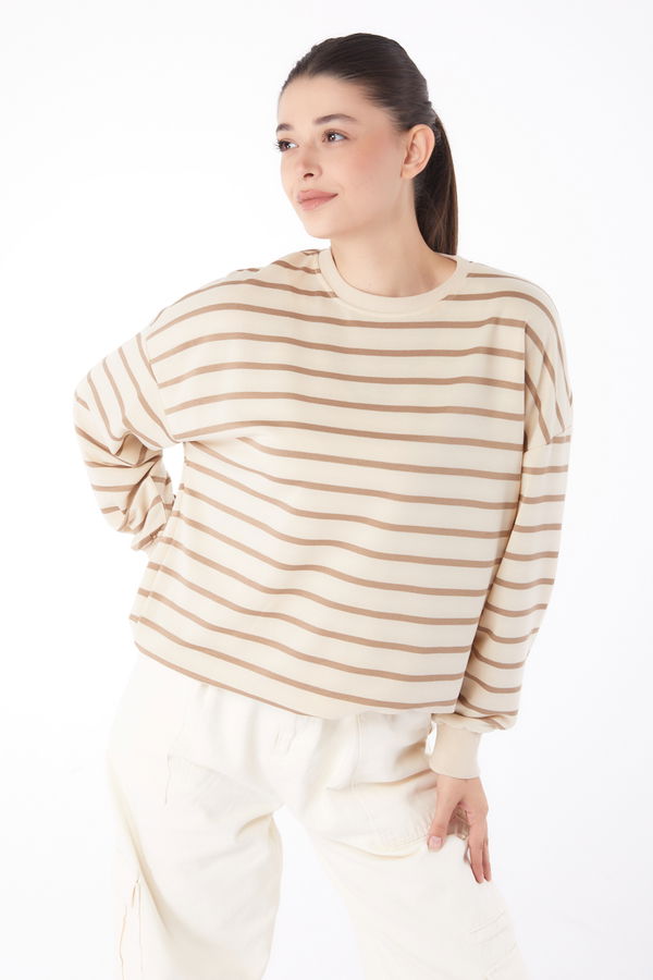 Düz Bisiklet Yaka Kadın Vizon Çizgili Sweatshirt - 26048 VİZON