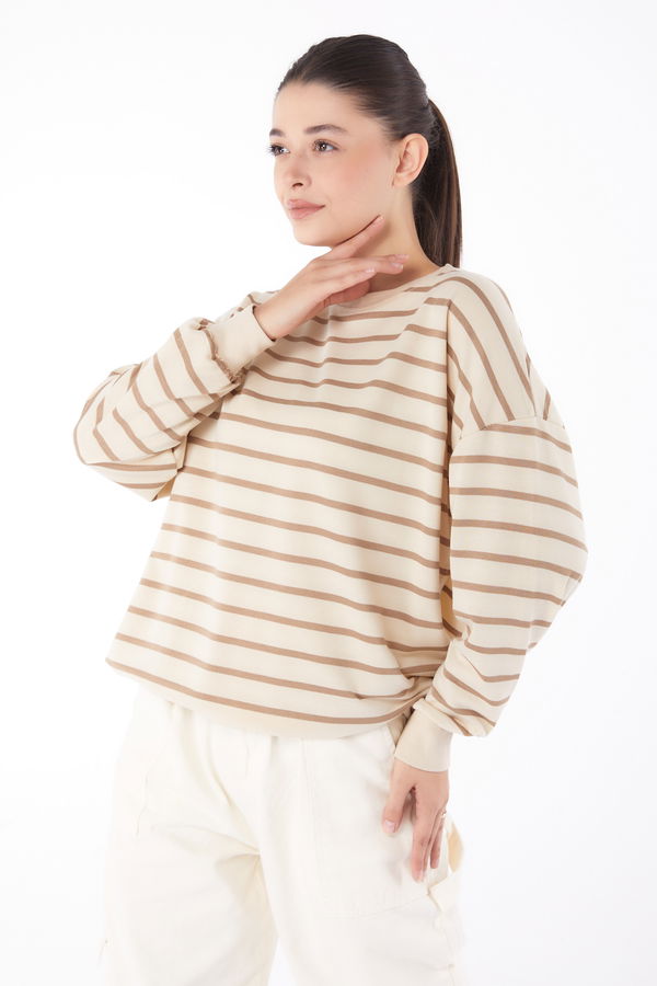 Düz Bisiklet Yaka Kadın Vizon Çizgili Sweatshirt - 26048 VİZON