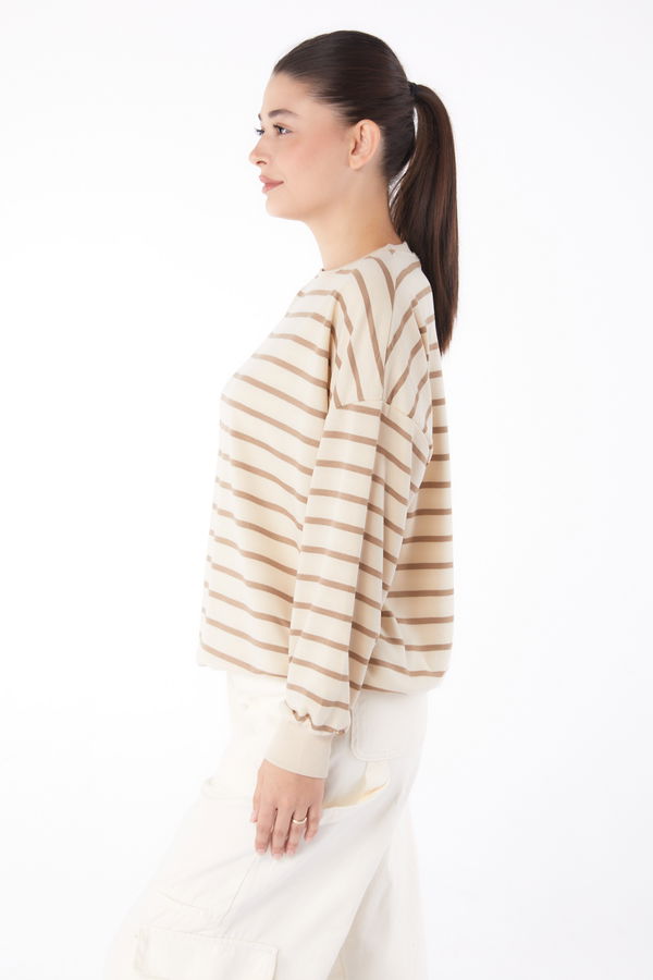 Düz Bisiklet Yaka Kadın Vizon Çizgili Sweatshirt - 26048 VİZON