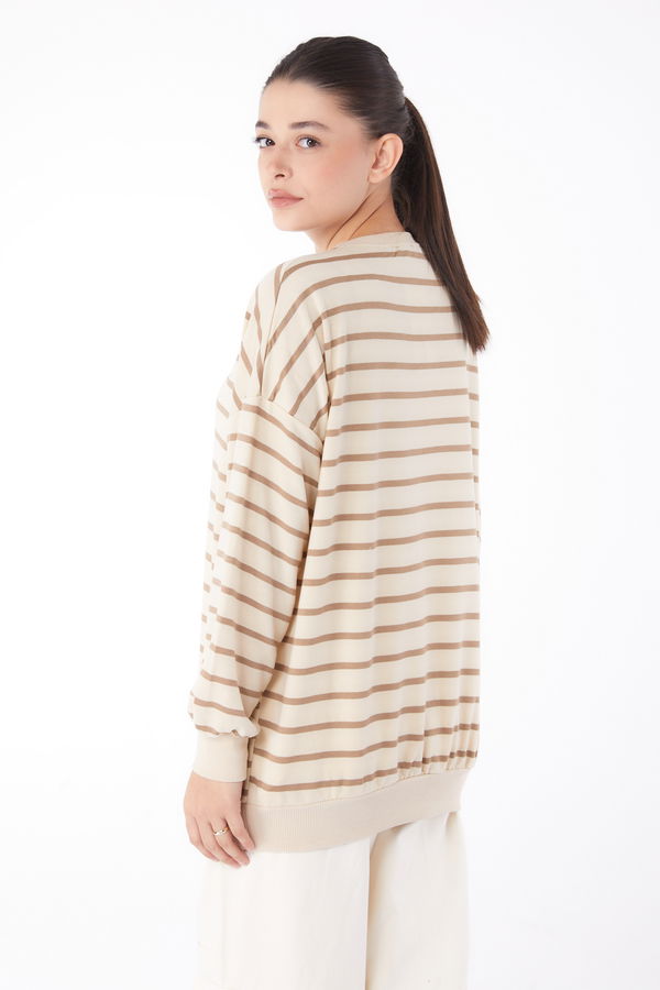 Düz Bisiklet Yaka Kadın Vizon Çizgili Sweatshirt - 26048 VİZON