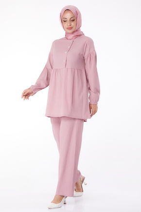 Düz Bisiklet Yaka Kadın Pembe Tunik+Pantolon - 11629