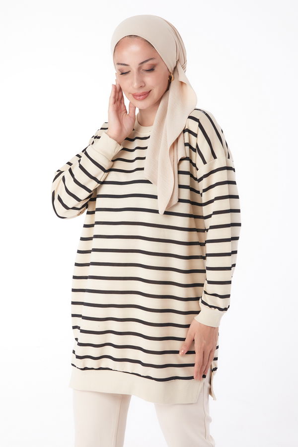 Düz Bisiklet Yaka Kadın Siyah Çizgili Sweatshirt - 26137