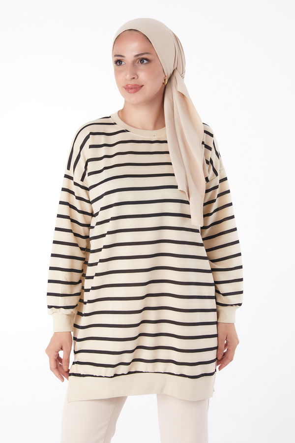 Düz Bisiklet Yaka Kadın Siyah Çizgili Sweatshirt - 26137