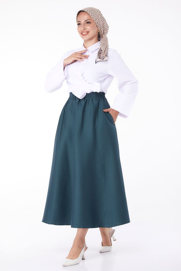 Düz Orta Kadın Yeşil Cepli Etek - 26132