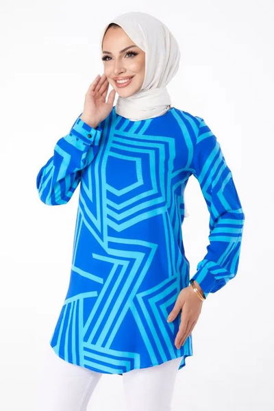 Düz Bisiklet Yaka Kadın Mavi Desenli Tunik - 13278