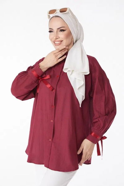 Balon Kollu Bağcık Detaylı Gömlek Bordo - 13161