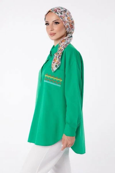 Düz Bisiklet Yaka Kadın Yeşil Desenli Tunik - 13278