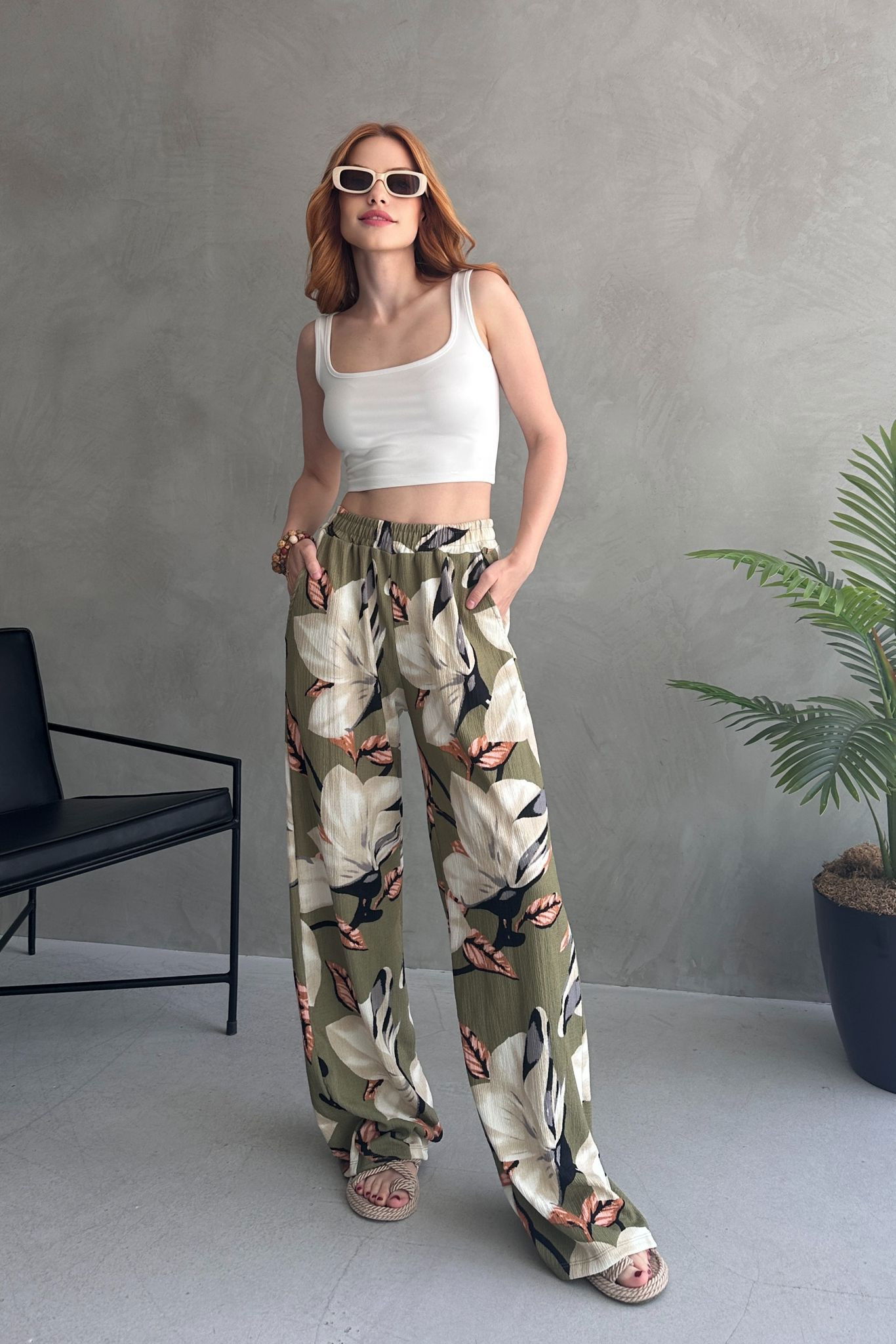 Çiçek Desenli Bol Pantolon - 27237