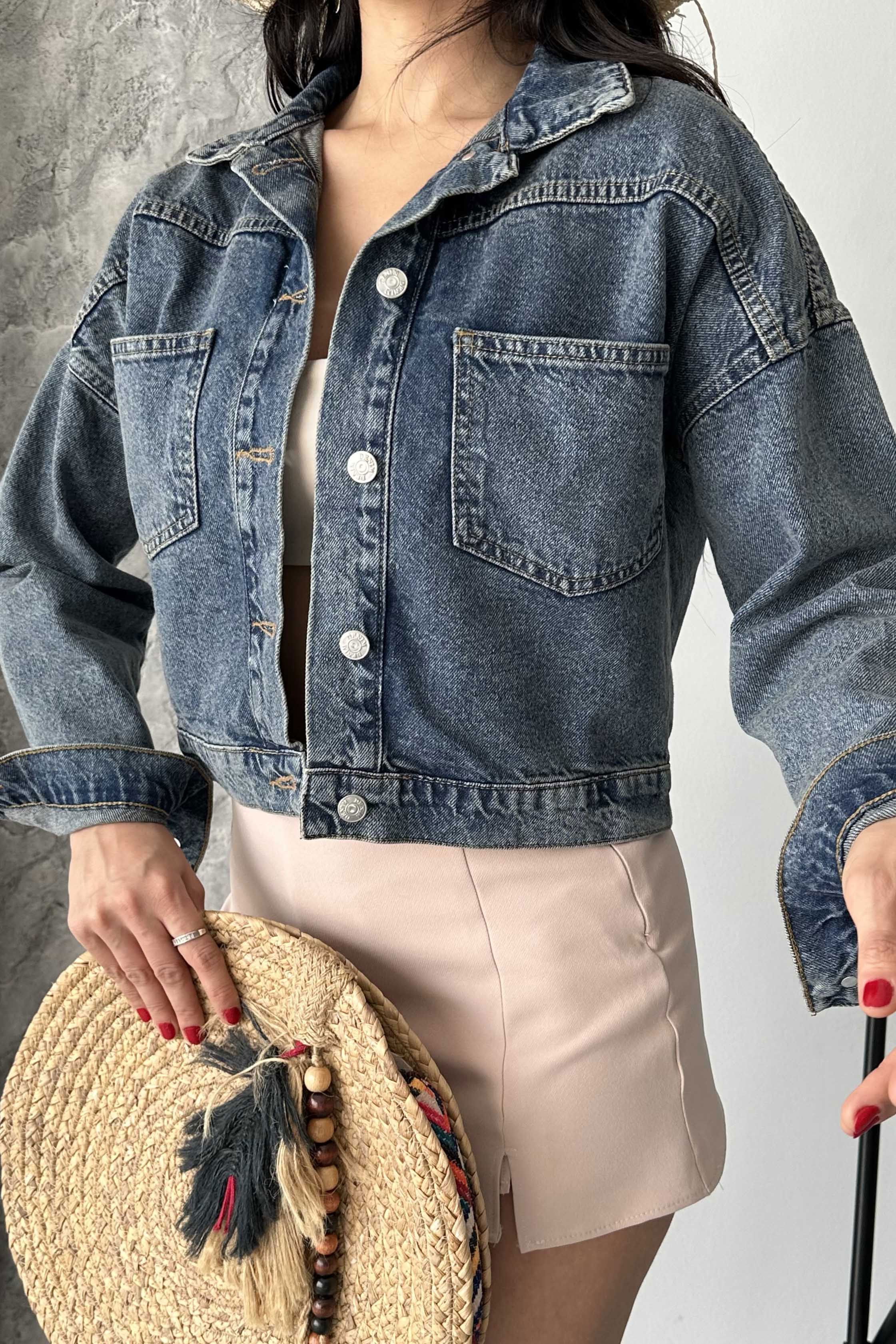 Çift Cepli Demin Crop Ceket - 27271